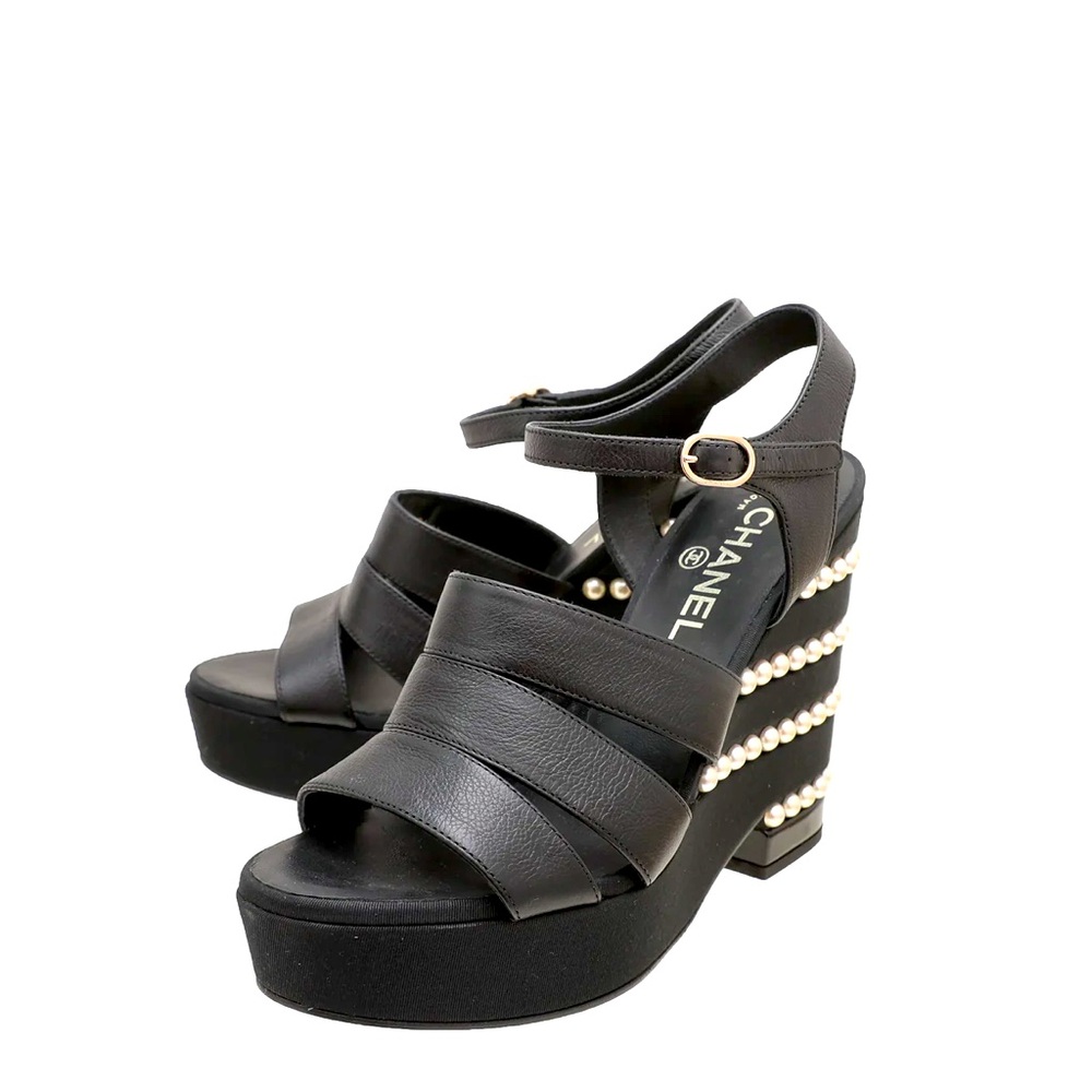Authentic Chanel black pearl wedge leather Strap Sandals